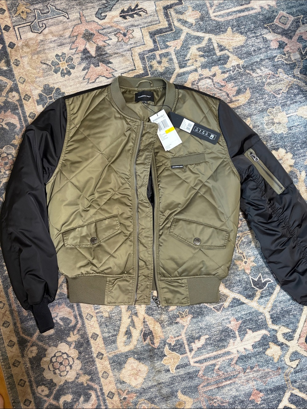Members Only Olive Green Quilted Bomber Jacket with Black Sleeves